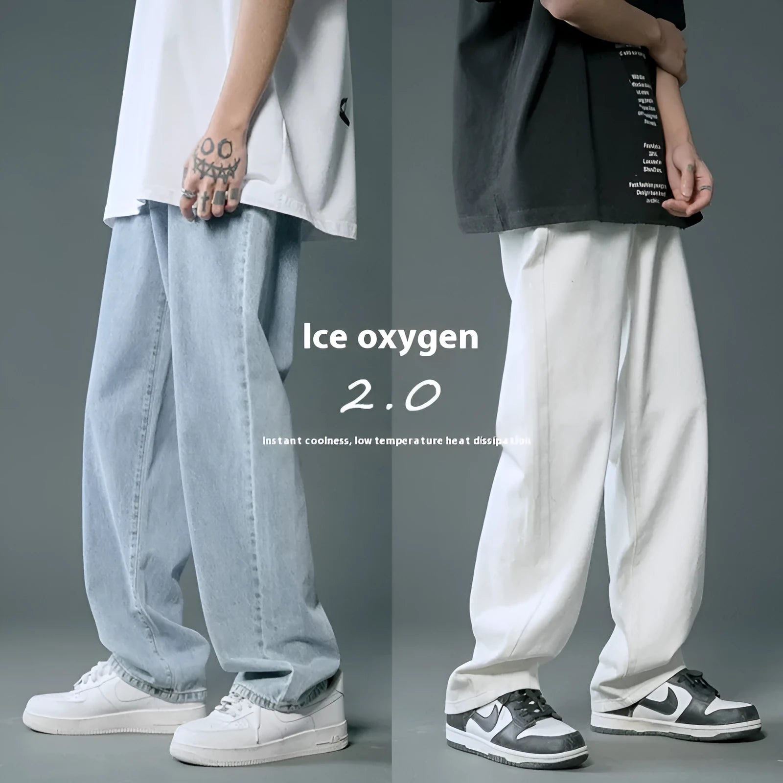 Loose straight cotton denim jeans for men in light blue colour with mid waist and button fly