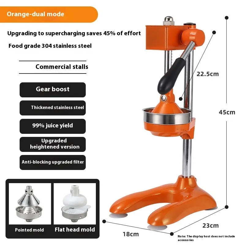 Vertical stainless steel manual juicer with multiple colour and tip options for household citrus juicing