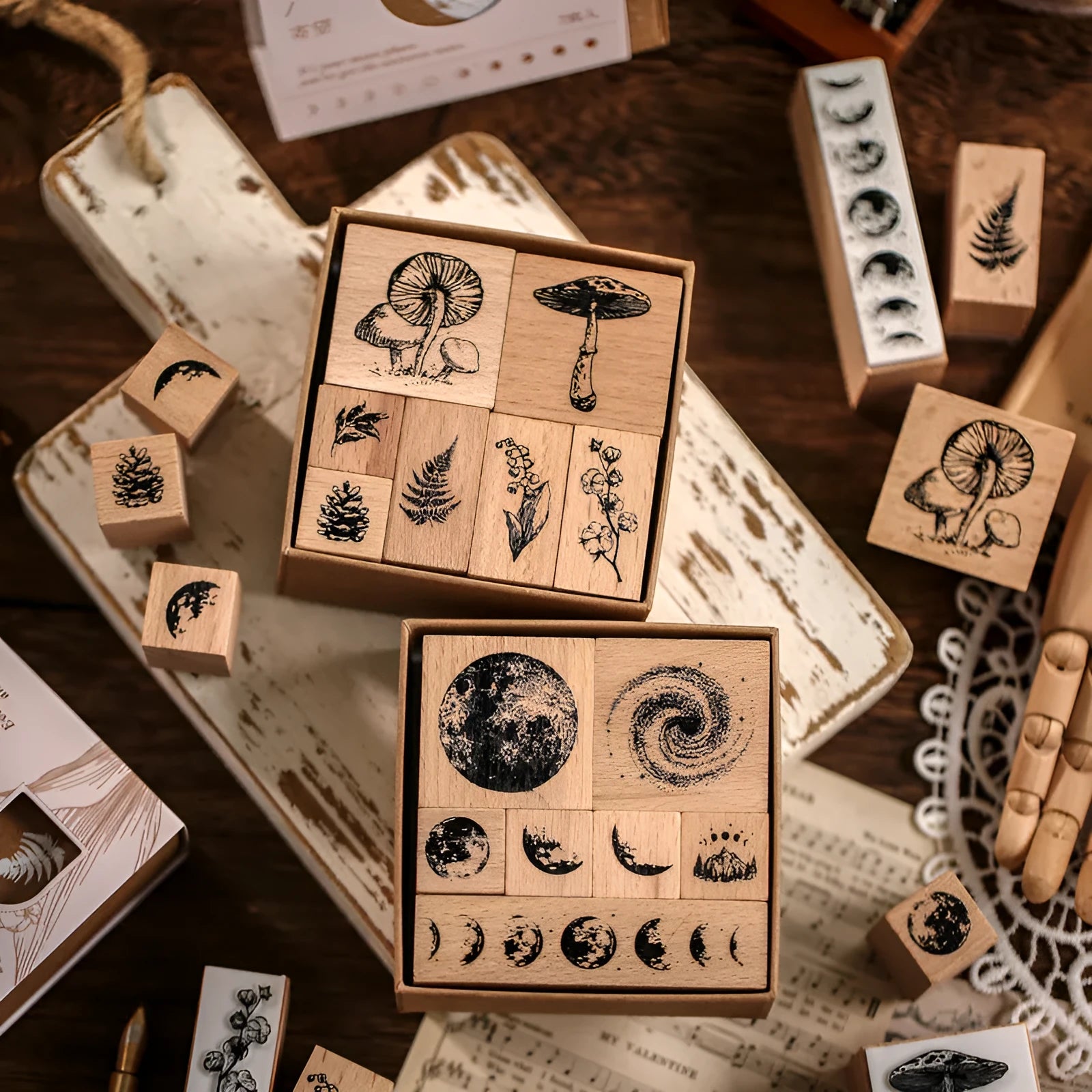Mr Paper Seal Suit wooden handmade stamp set showing seven pieces with vintage decorative patterns