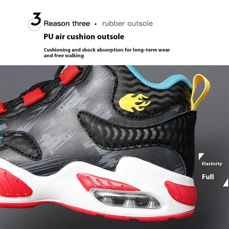 Children's basketball running shoes with rotating button closure in synthetic leather