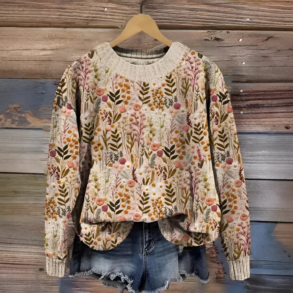 Little Flower digital printed floral pattern sweater in a round neck style.