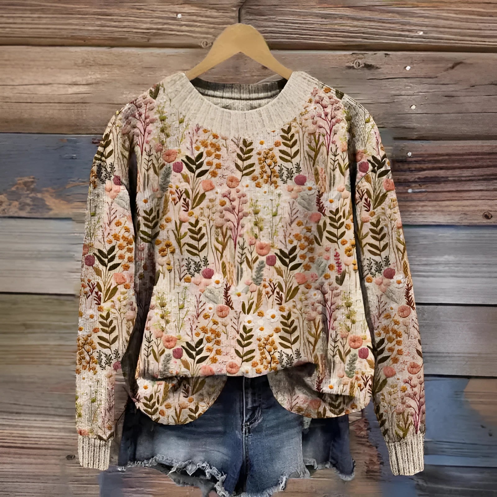 Little Flower digital printed floral pattern sweater in a round neck style.
