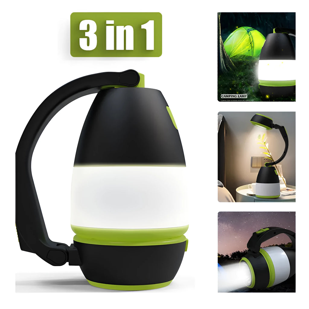 Black green foldable 3-in-1 LED camping lamp with USB charging port shown in open and closed positions.