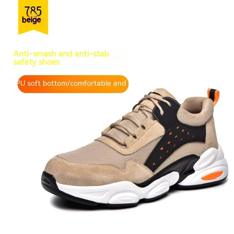 Men's black mesh breathable labour safety shoes with PU sole for anti-smash anti-puncture protection.
