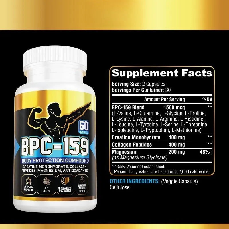 Bottle of body supplements capsules for energy support