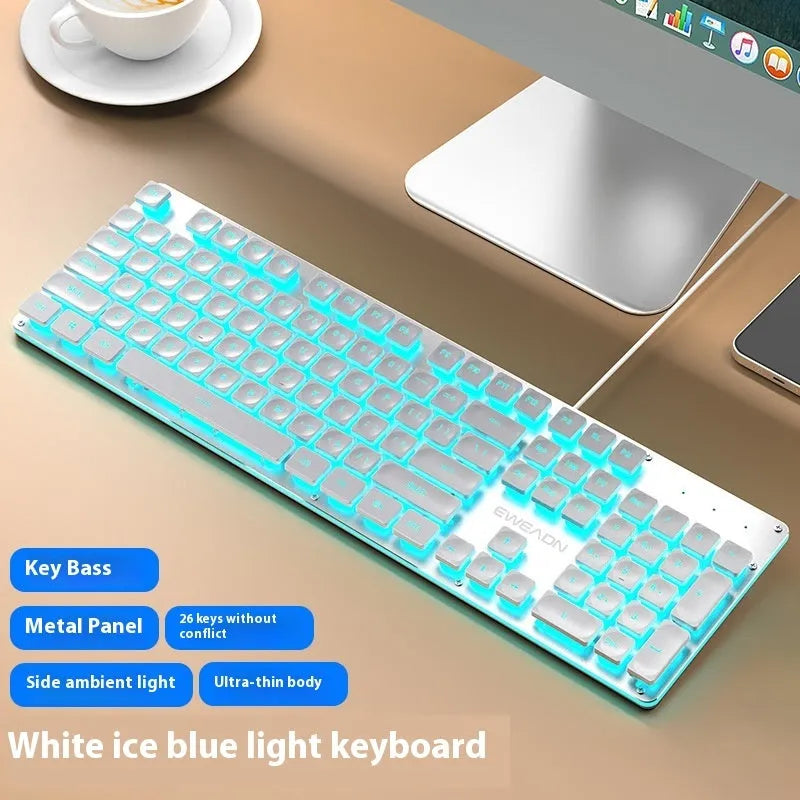 Wired mute keyboard with mechanical feel keys, shown in a Metal Black case with blue LED backlighting.