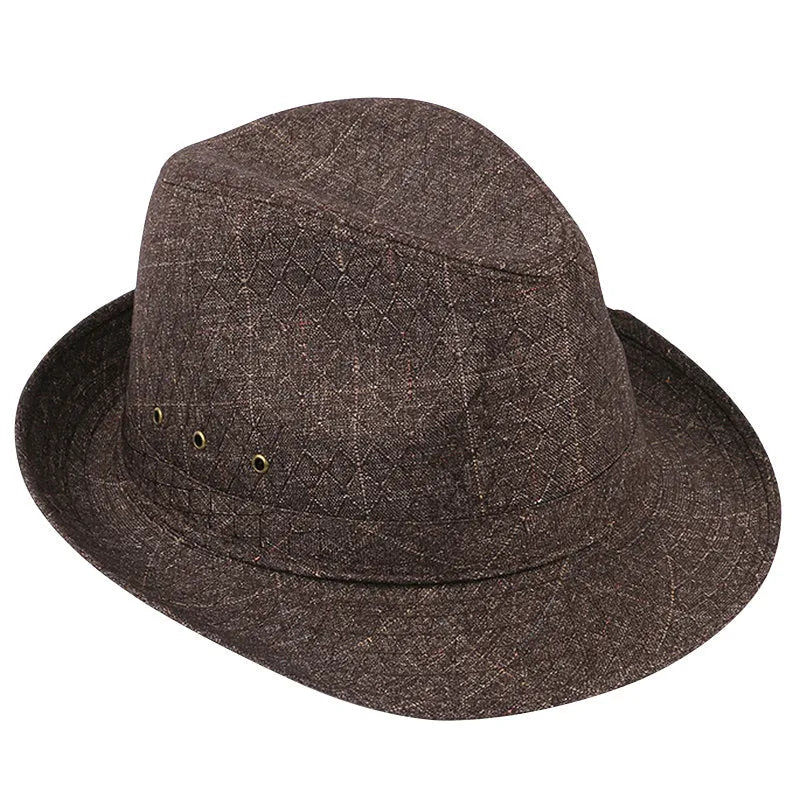 A men's fedora hat for mature gentlemen in thickened suit material or linen, shown in classic colours.