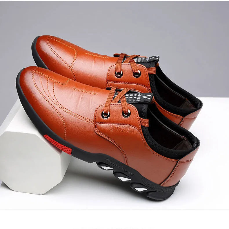 Men's black and brown PU leather business casual shoes with flat heel