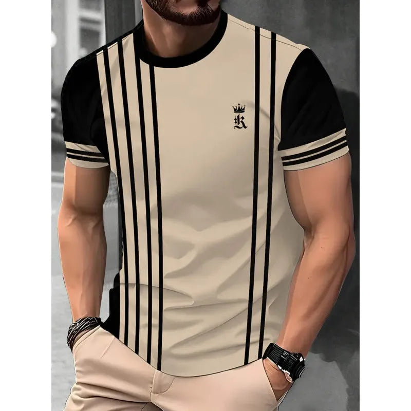 Men's loose fit short-sleeved T-shirt with digital 3D printed stripes pattern, available in multiple colours and sizes up to 5XL.