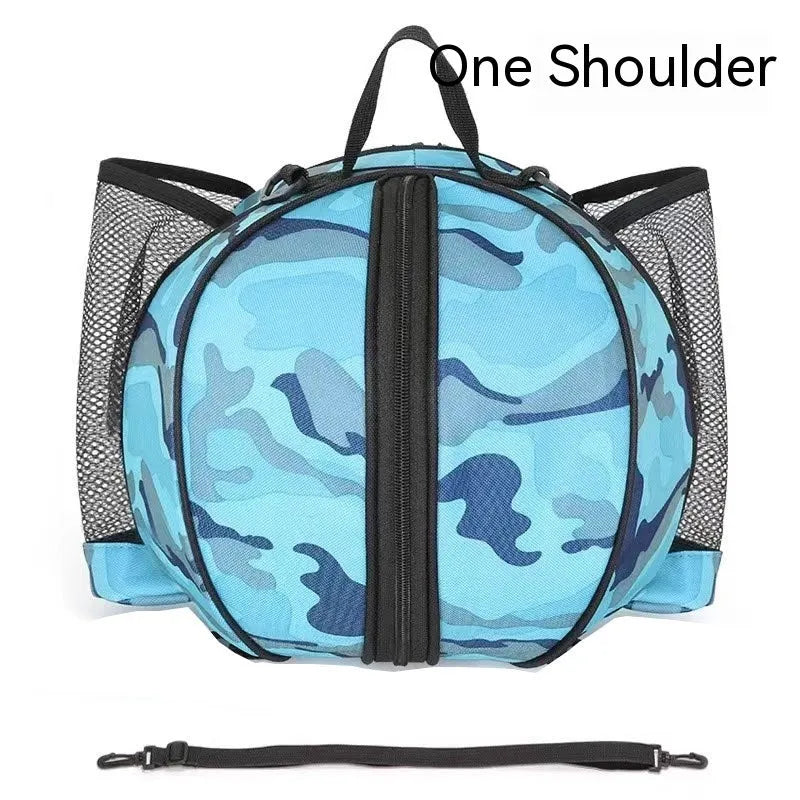 Black Oxford cloth basketball training bag with a single shoulder strap, shown next to a basketball.