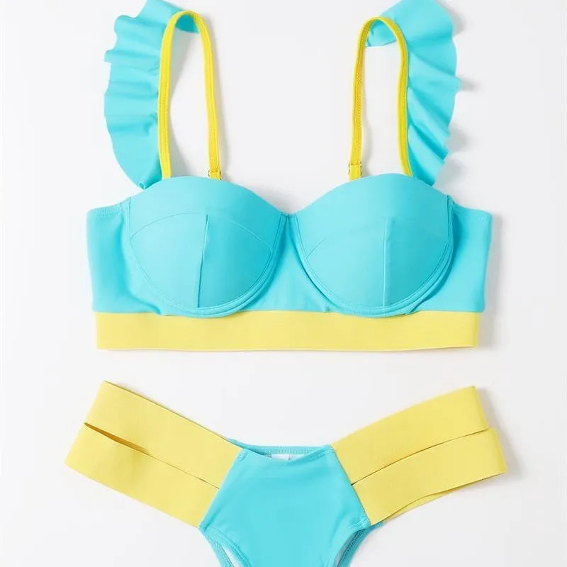 Women's steel bracket push-up bikini swimsuit in contrast colours including rose red and peacock blue