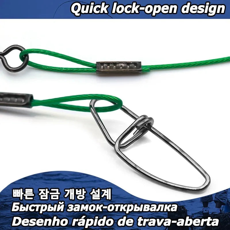 Green, black and red anti-bite steel wire fishing double buckle pins measuring 54cm