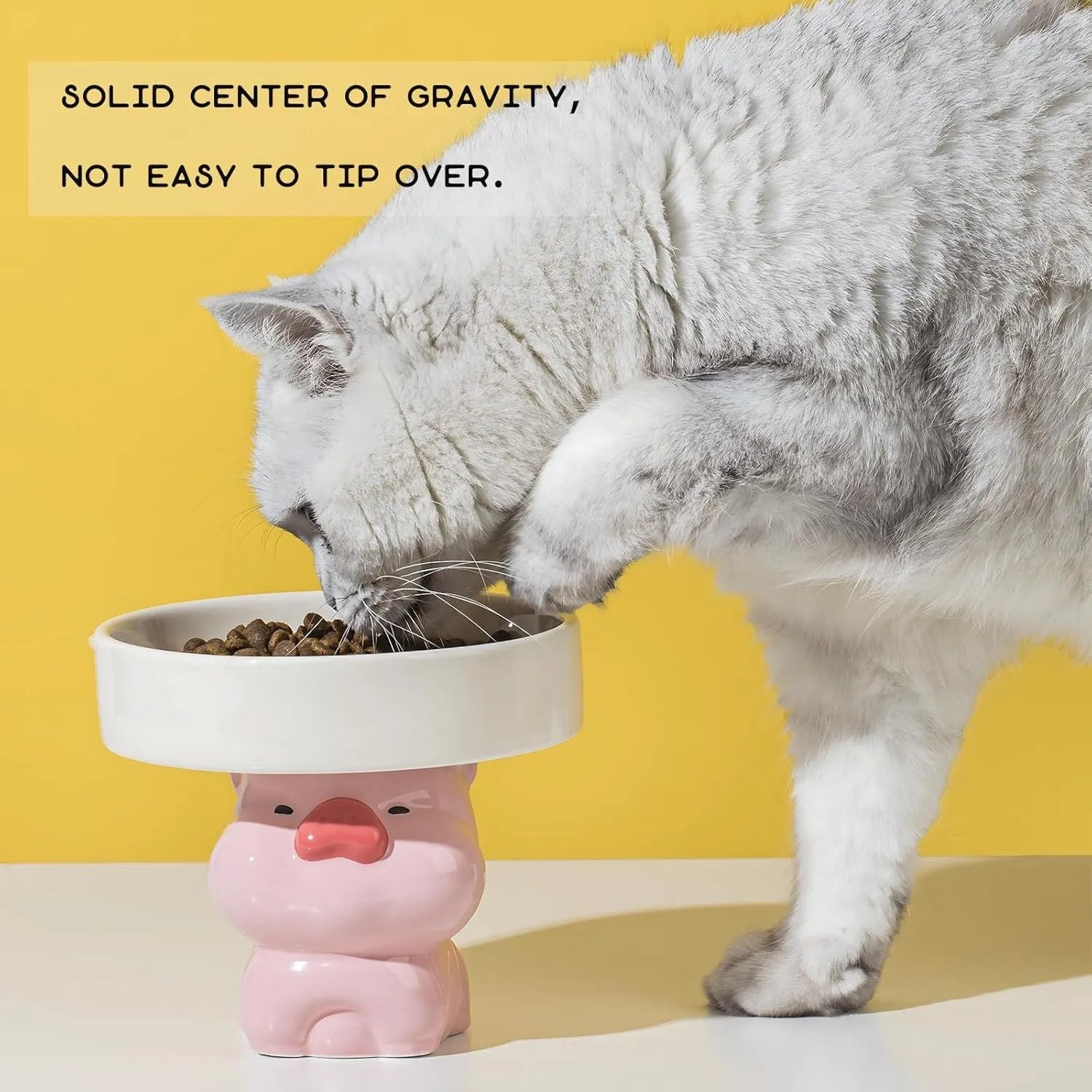 Raised ceramic cat bowl with animal theme design showing 4.92 inch elevation and 15cm diameter