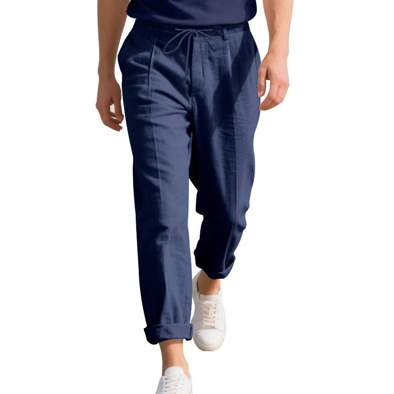 Men's linen casual trousers in straight leg style with drawstring waist in light khaki colour