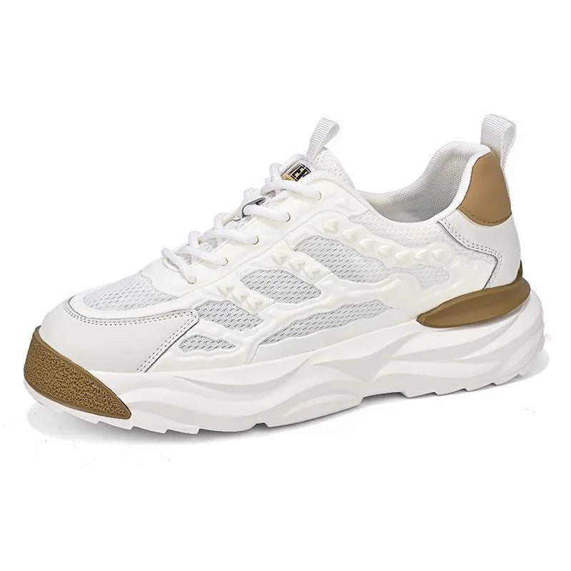 Men's white and black breathable mesh sports shoes with round toe design.