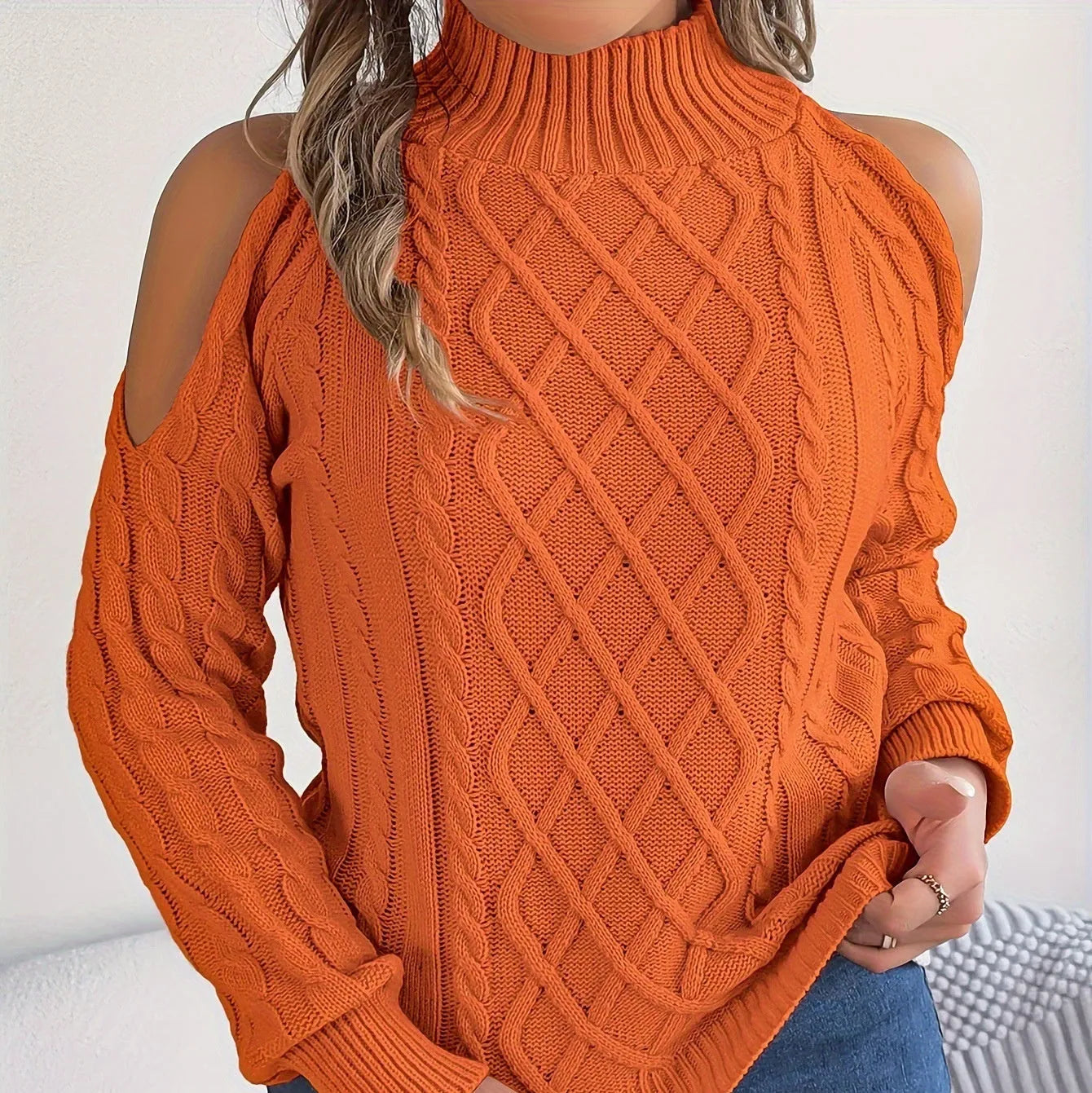 Women's twisted knit sweater with strapless half-high collar and long lantern sleeves in acrylic