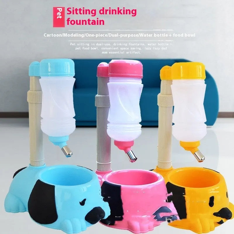 Pink adjustable height pet drinking bowl on a rod-lifting stand