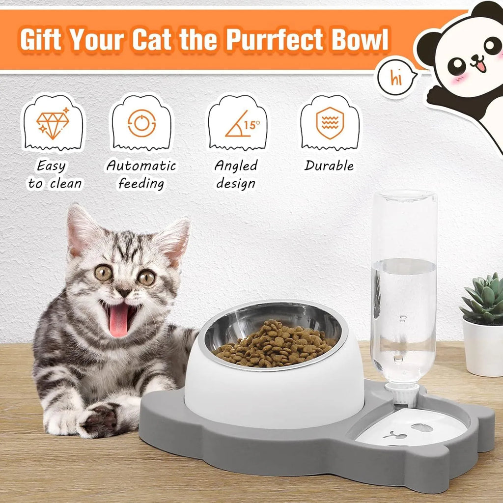 Grey panda-shaped automatic water bowl for cats with tilted feeding design and 17 oz water bottle