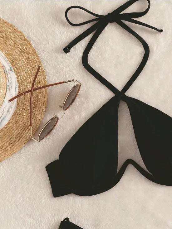 Women's halter-neck bikini swimsuit set in brown, blue, or black with matching briefs