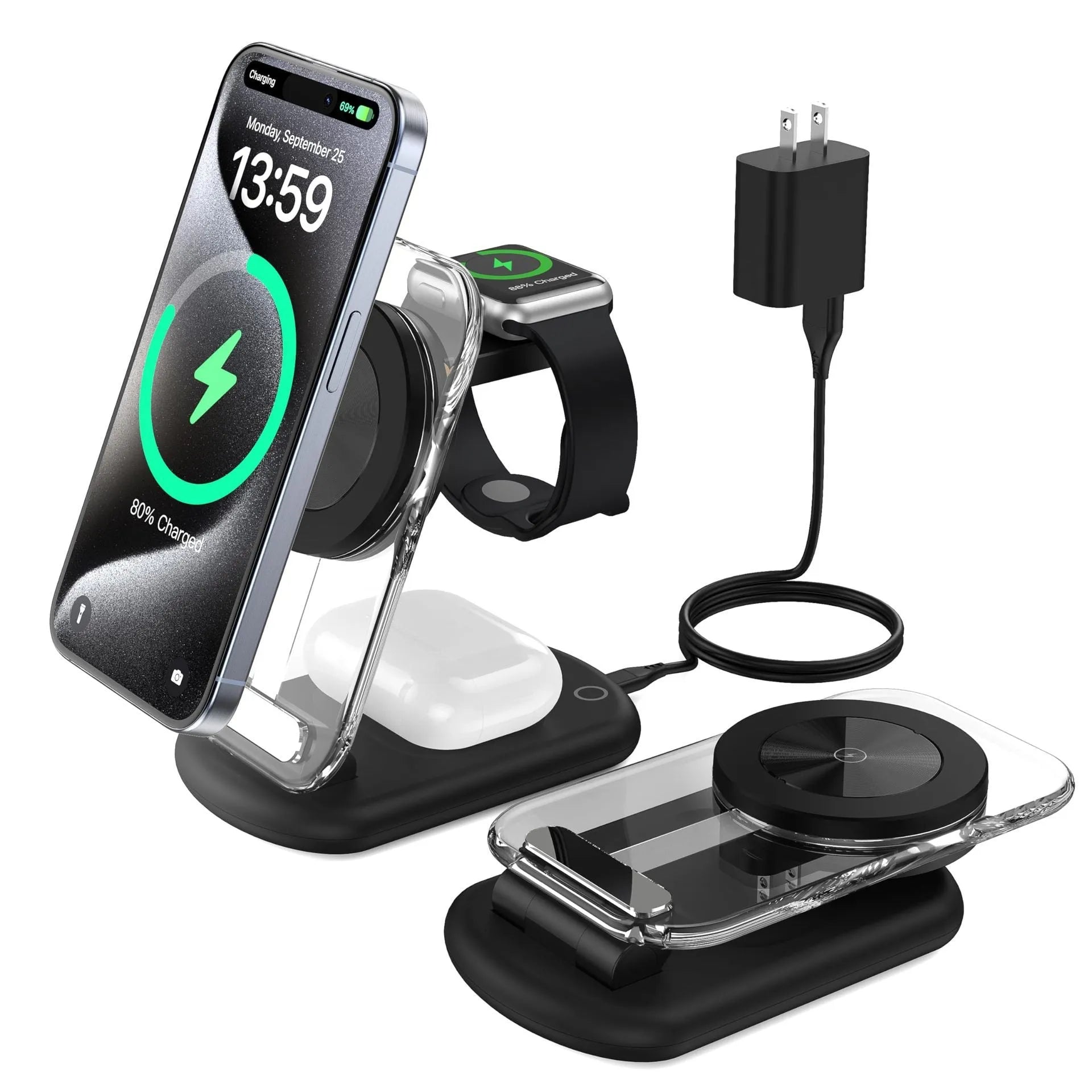 Transparent folding magnetic three-in-one wireless charger in black or white colour