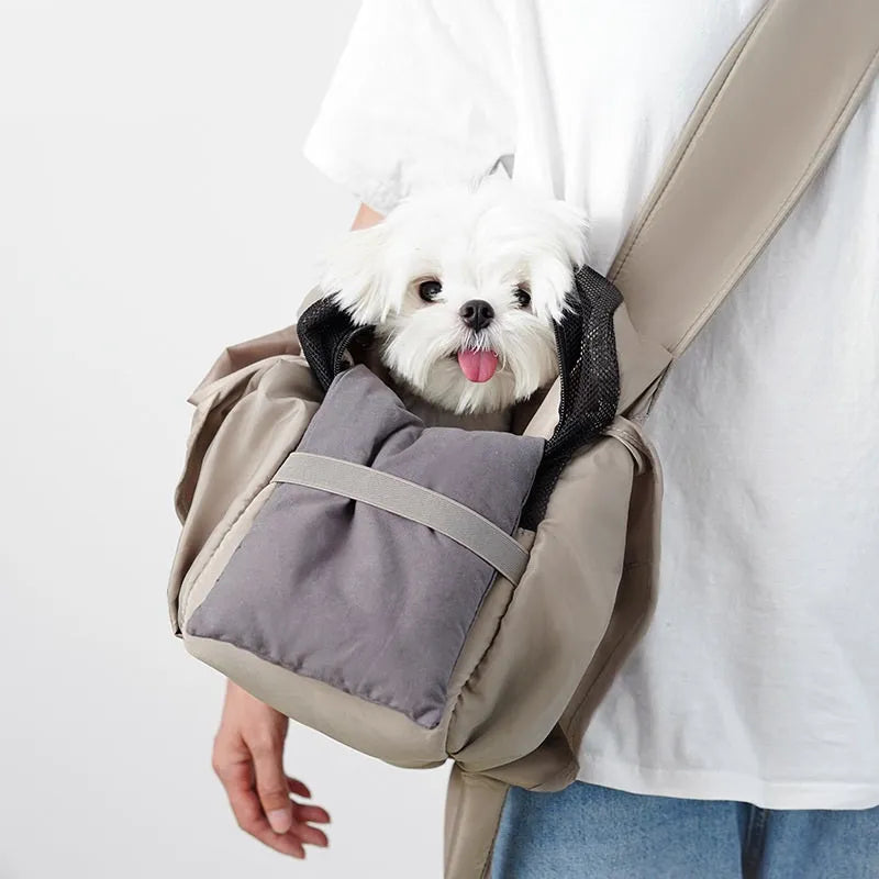Apricot cloth pet carrier handbag with breathable construction for summer outdoor transport