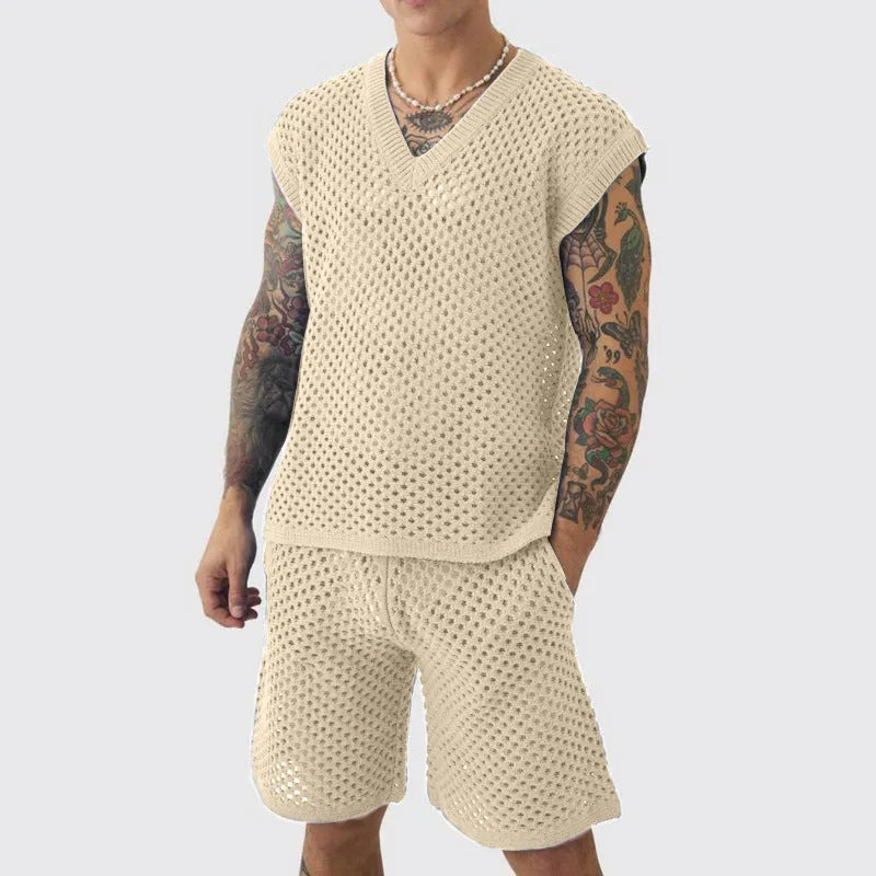Men's blue knitted vest and shorts sports suit with V-neck and sleeveless design