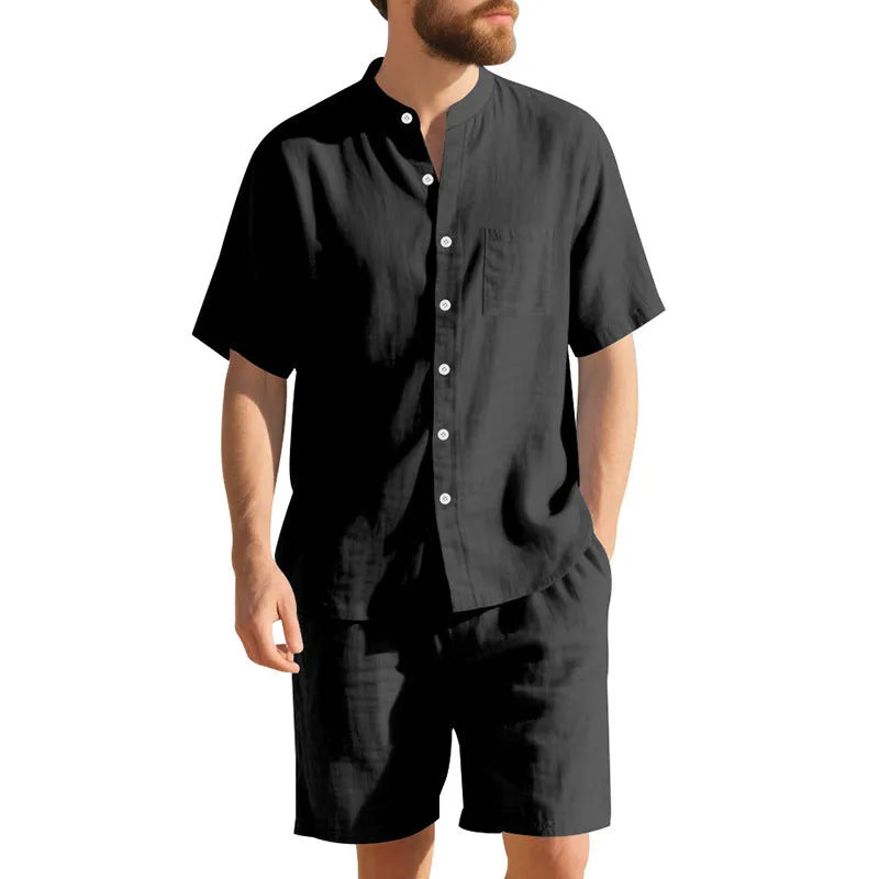 Men's light blue short-sleeve linen shirt and matching shorts, a casual two-piece summer suit set.