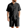 Men's light blue short-sleeve linen shirt and matching shorts, a casual two-piece summer suit set.