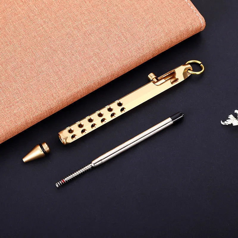 Retro brass hexagonal bolt pen with six-angle barrel design showing 13cm length and brass construction