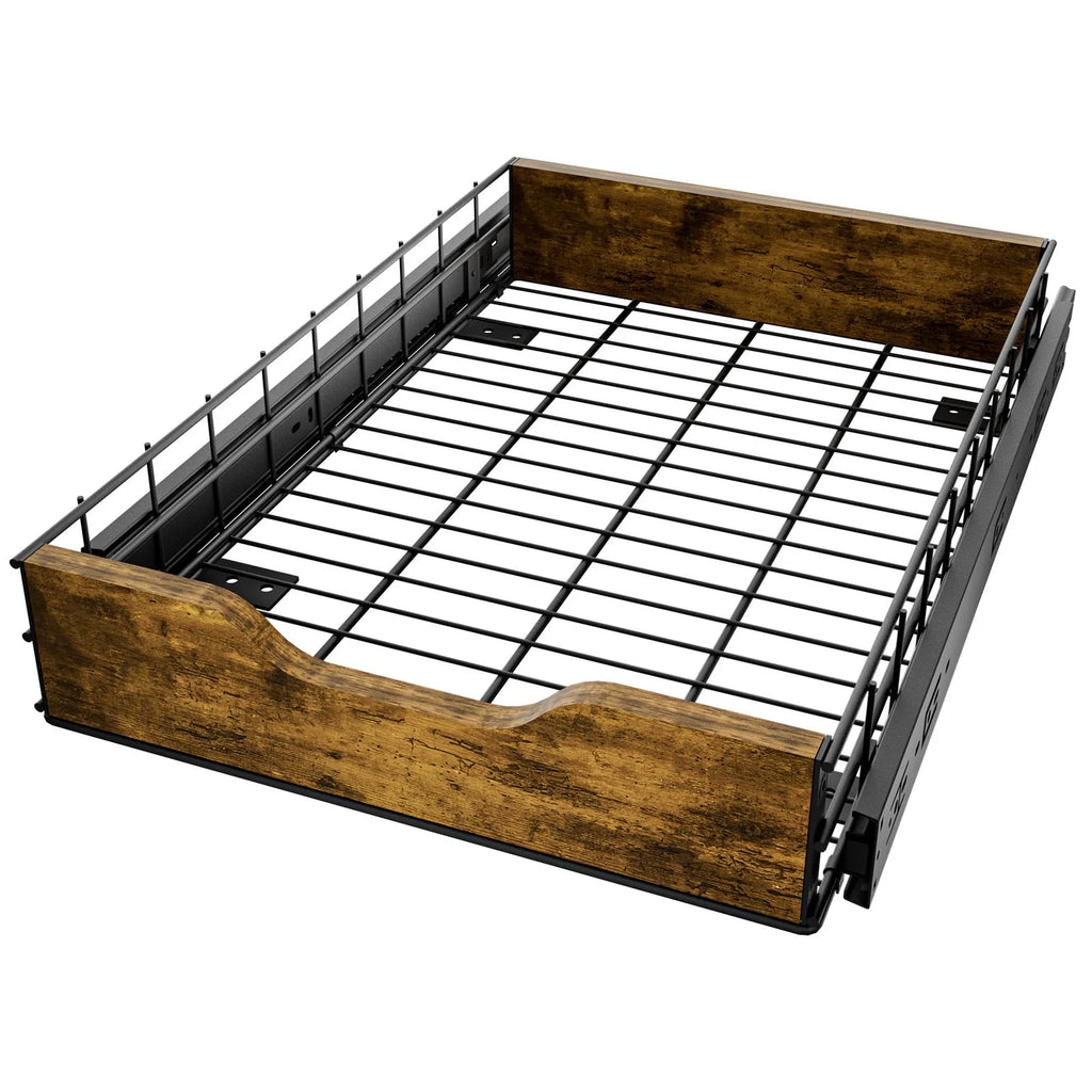 Black wooden and iron household storage basket drawer with pull basket mechanism
