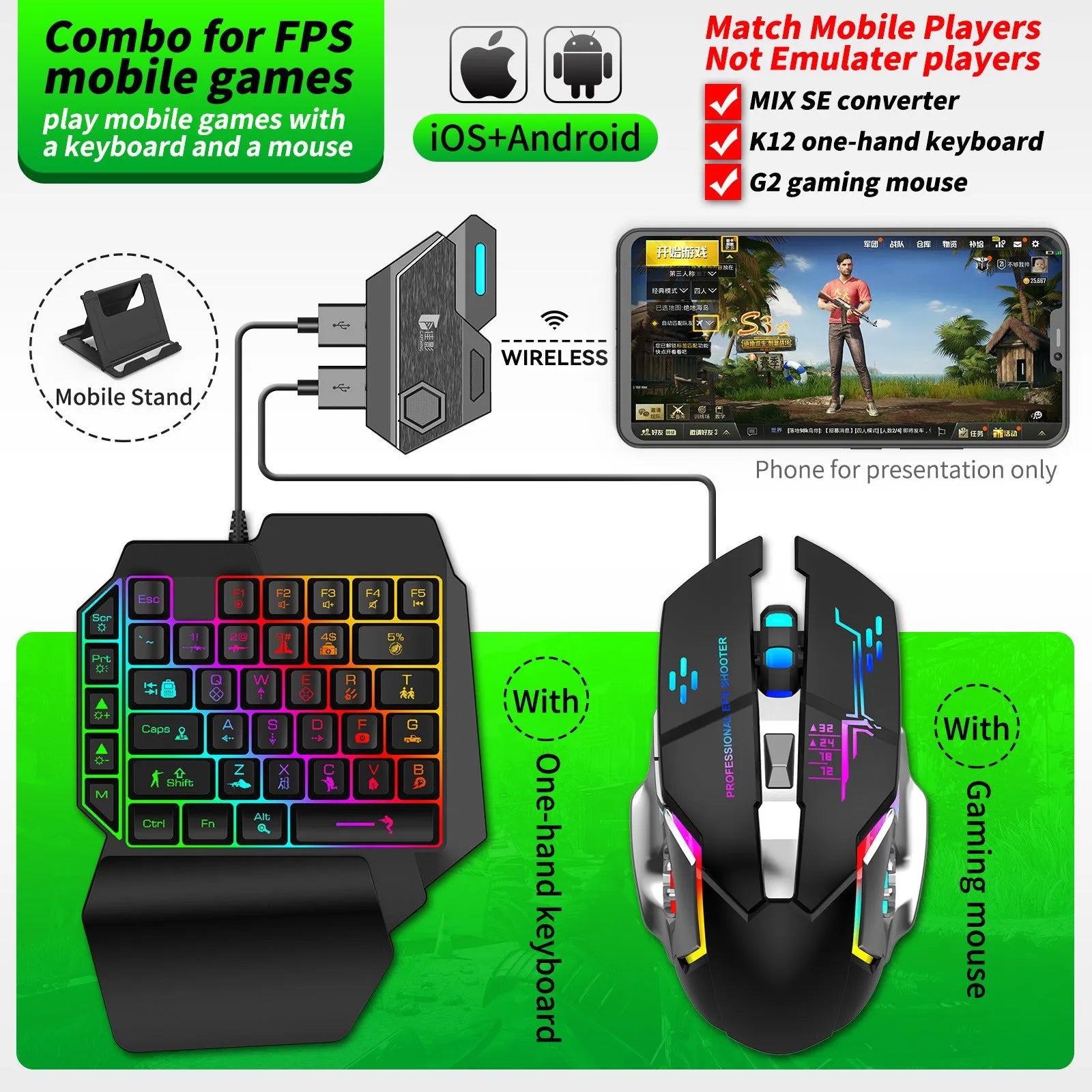 Gaming keyboard mouse converter for mobile devices with USB interface