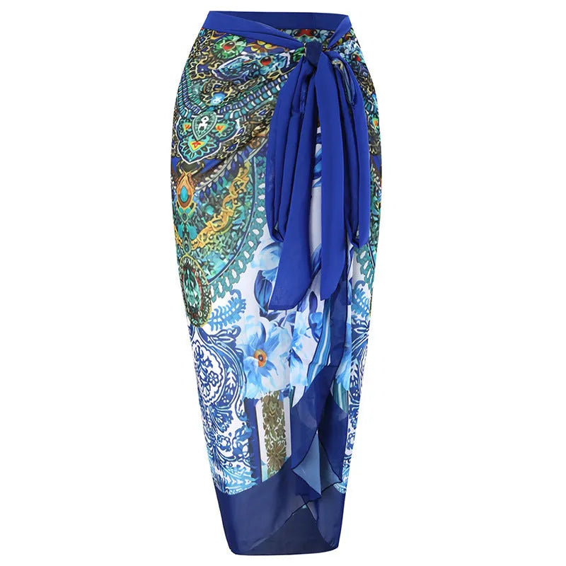 Long sleeve one-piece swimsuit jumpsuit with gauze cover-up skirt in blue colour