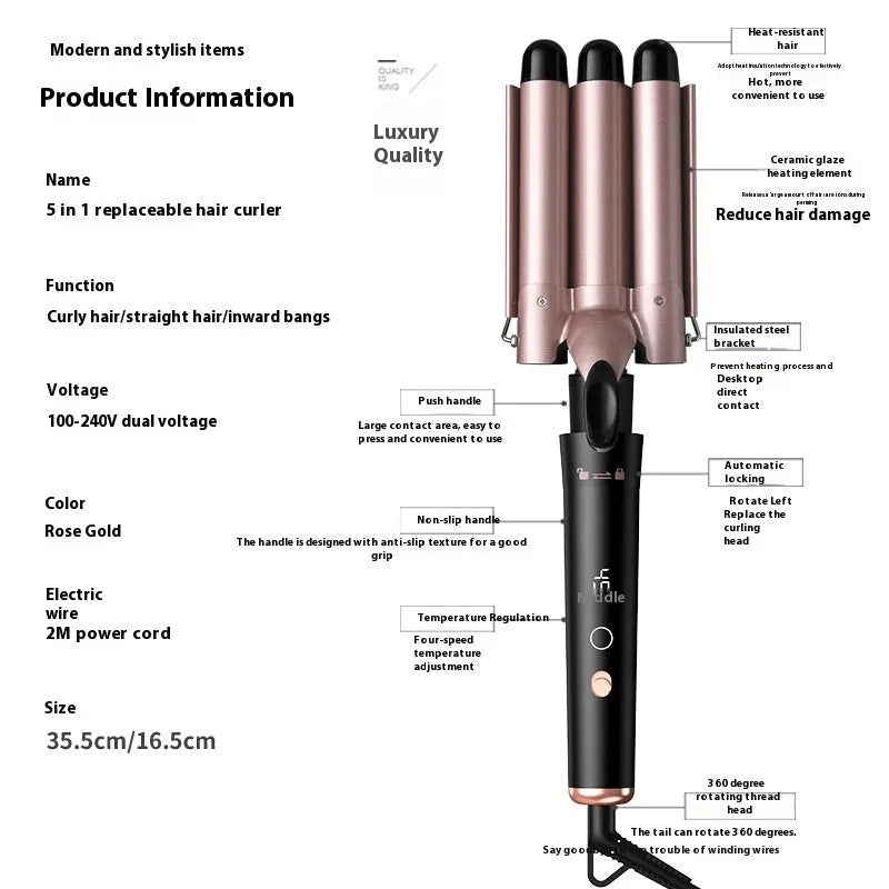 Rose gold hair curler with five tube attachments and LCD screen display
