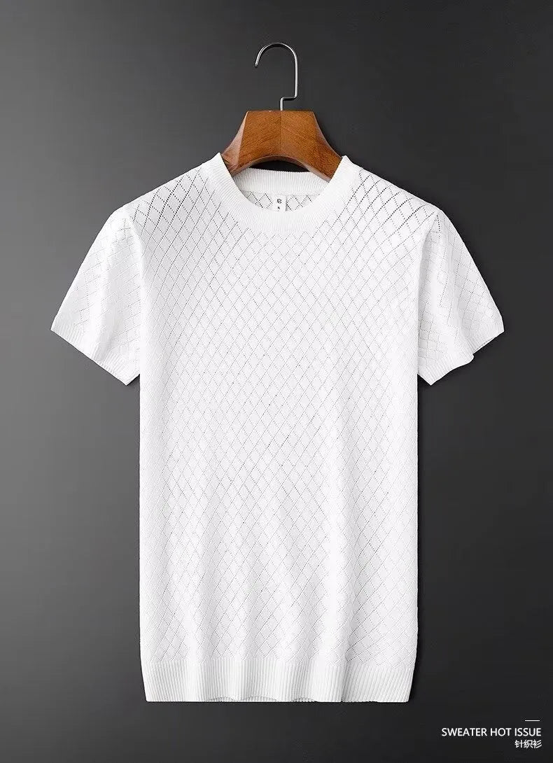 Men's black and white plus size short sleeve T-shirt showing V-neck and round neck styles