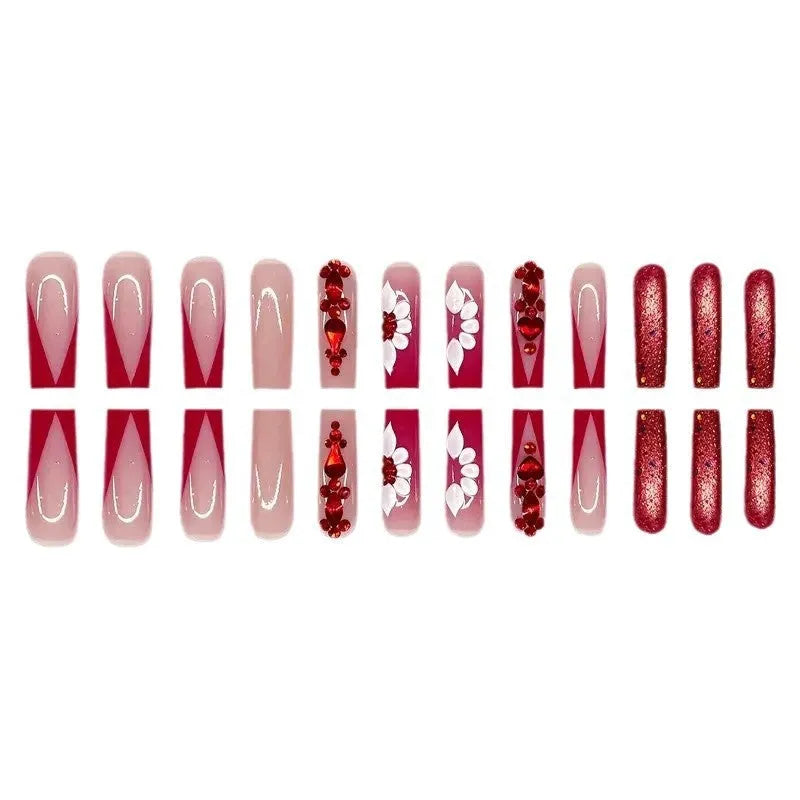 Sweet Flowers pattern red diamond false nails in long European Square shape with glue and file.