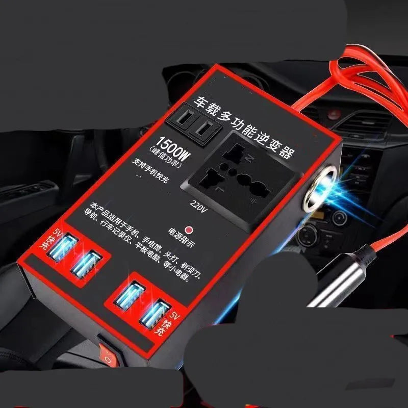Black car power converter with 12v24v to 220v conversion and 4 USB charging ports