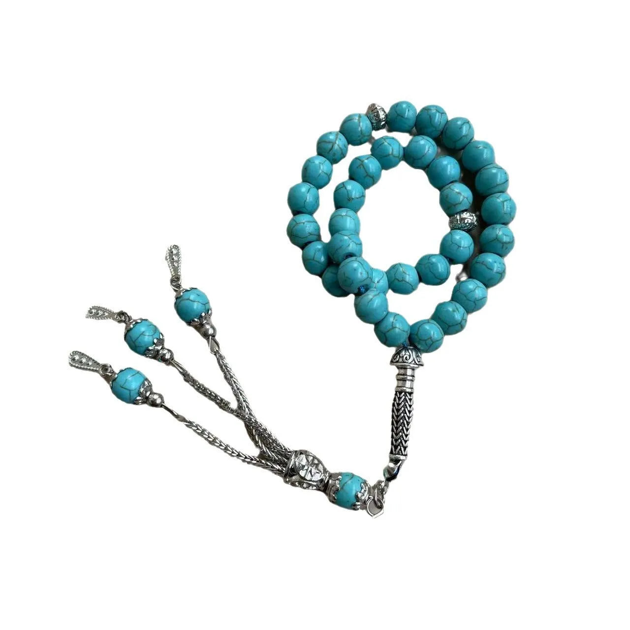 Handmade sky blue stone Muslim worship bracelet with 8mm beads on wrist