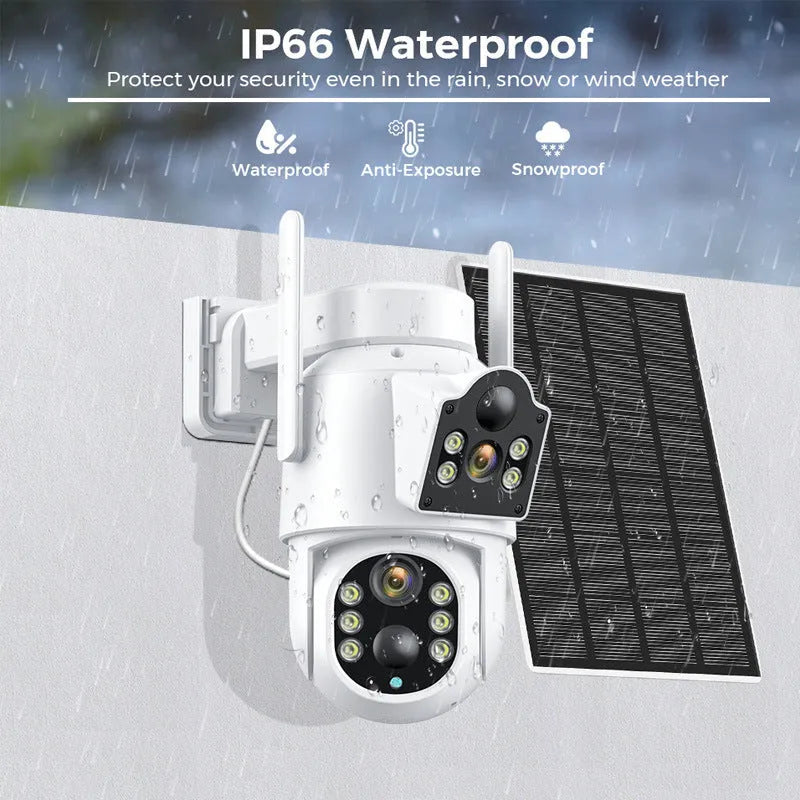 Outdoor solar-powered WiFi security camera with solar panel in white or black/white casing.