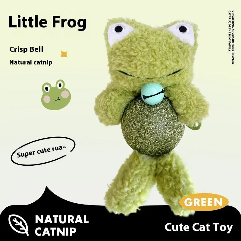 Plush cat toy shaped as a character with a mint ball, shown in brown bear, pink rabbit, piyopiyo and green frog designs.
