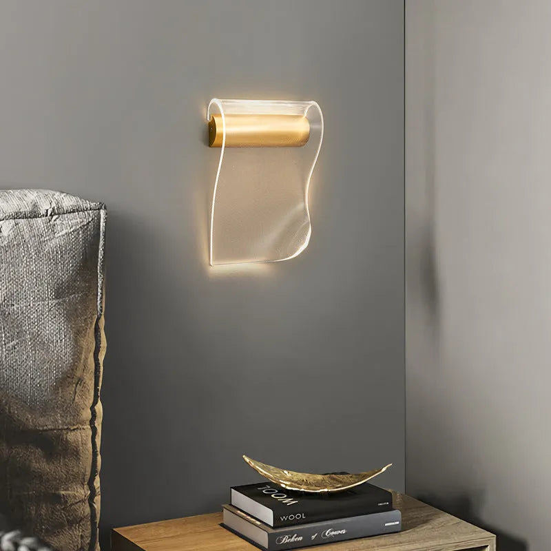 Iron wall lamp with acrylic shade shown in left bend and right bend configurations for bedside or living room.