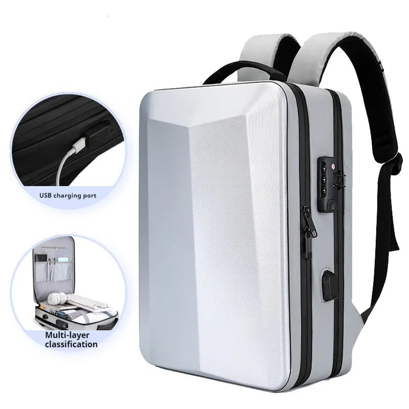 Waterproof business backpack in black colour showing curved shoulder straps and professional design