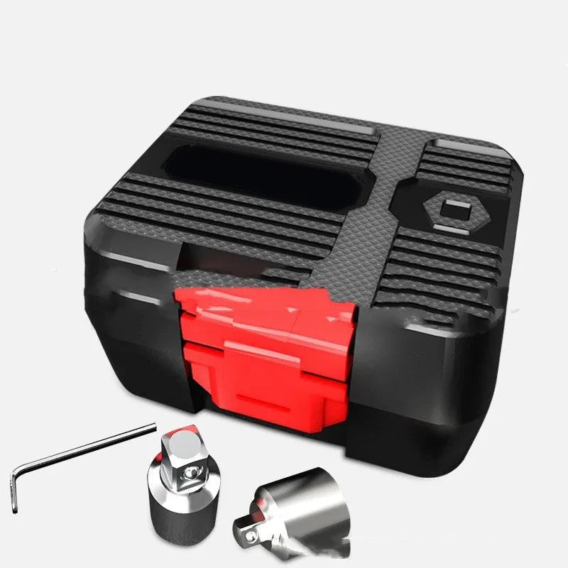 1/2 inch drive digital torque meter with display, part of a three-piece metal set for wrench calibration.