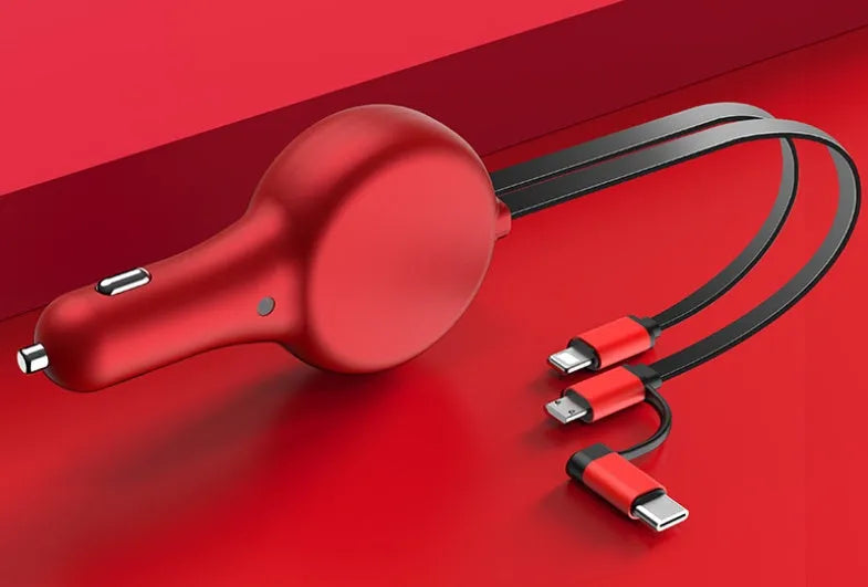 Retractable car charger with dual USB ports showing extended cable in black colour option