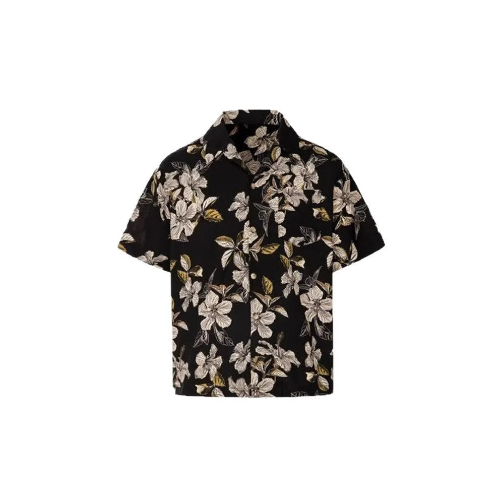 Black men's ice silk shirt with floral print, vintage Cuban collar, and short sleeves on a hanger.