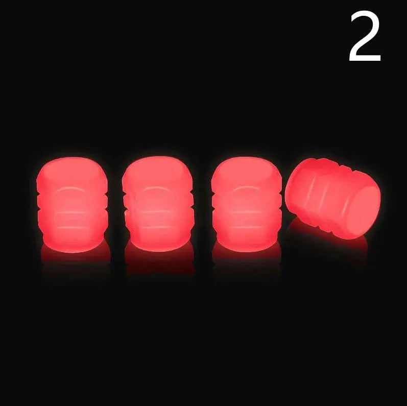 Rubber luminous tyre valve caps in multiple colours showing pack size options for bicycle and motorbike wheels