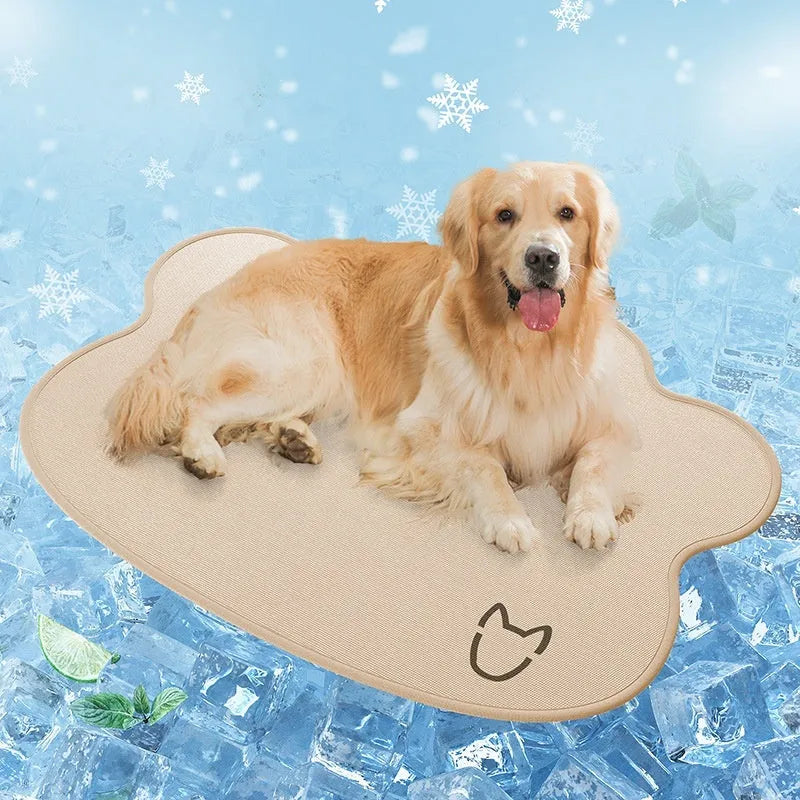 Ice silk pet cooling mat in dog head shape with non-slip base, available in multiple sizes and colours for summer relief