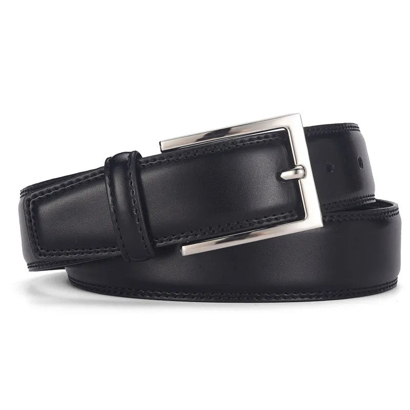 Men's genuine leather belt with alloy pin buckle in black or brown available in multiple lengths