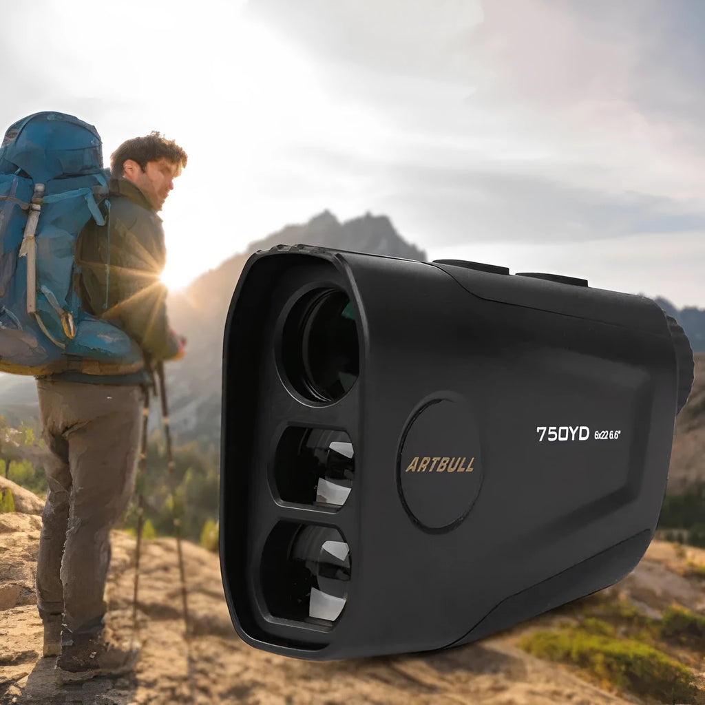 Golf laser rangefinder with 6x magnification showing LCD display with distance measurement
