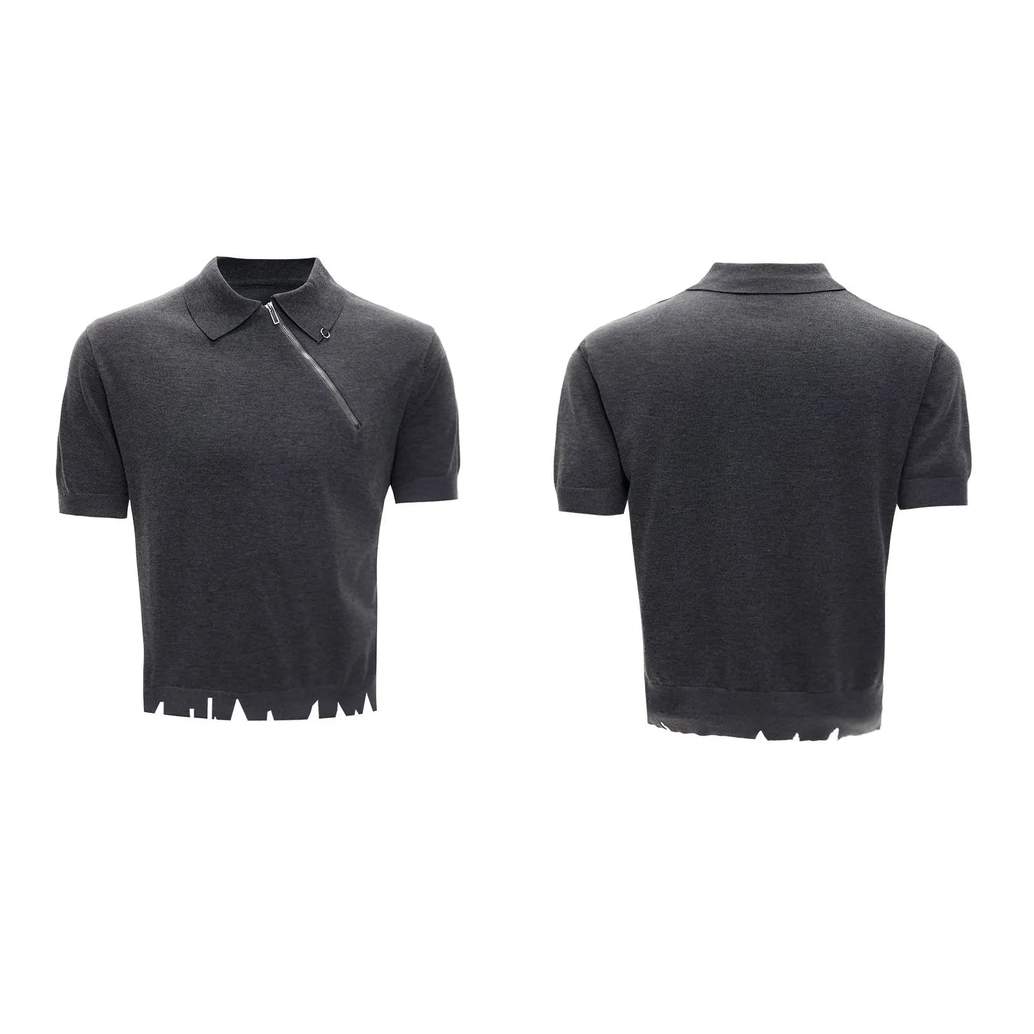 Men's slim-fit knitted polo shirt with oblique zipper and lapel collar in black, white or grey colours
