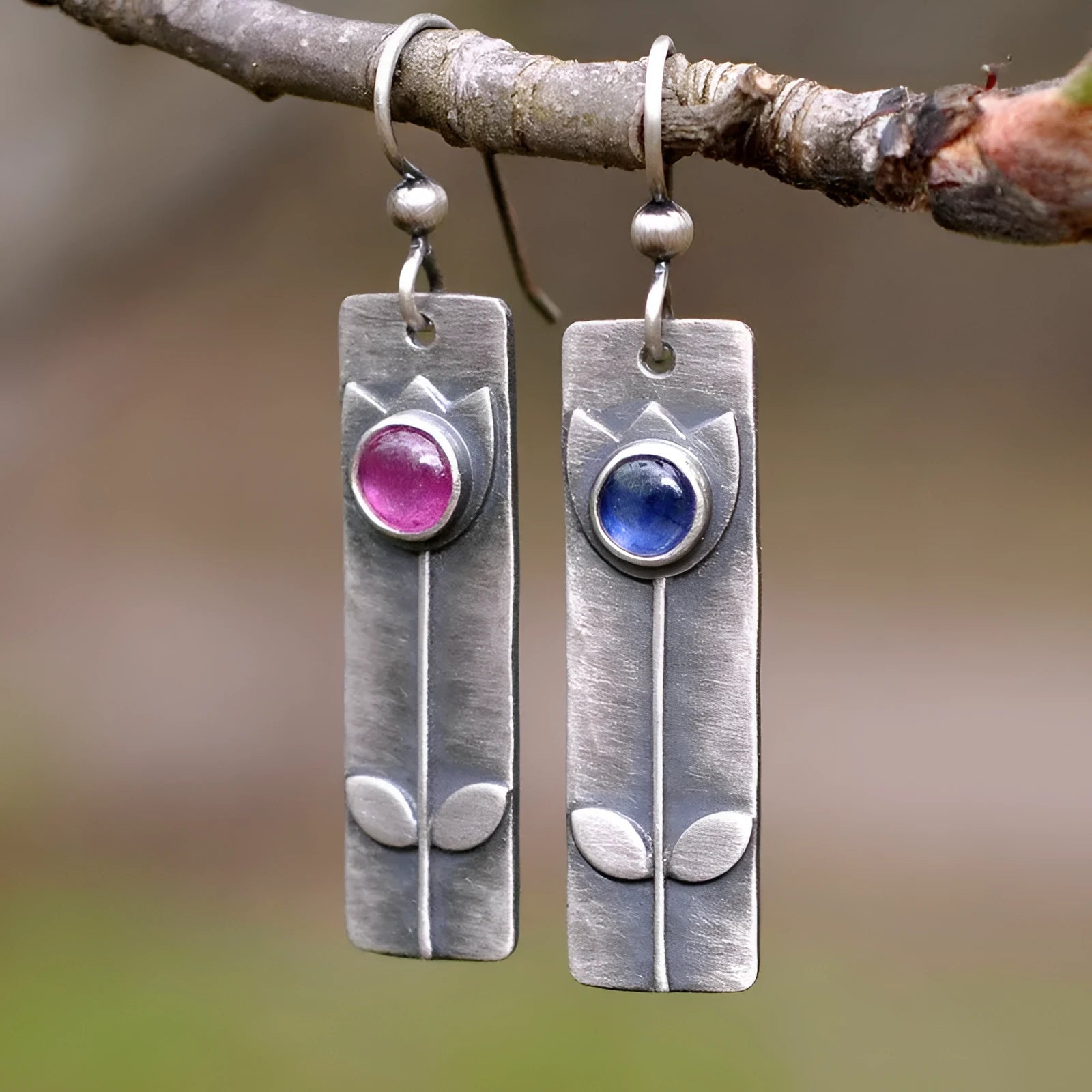 Antique finish red sapphire earrings with geometric ellipse design for women